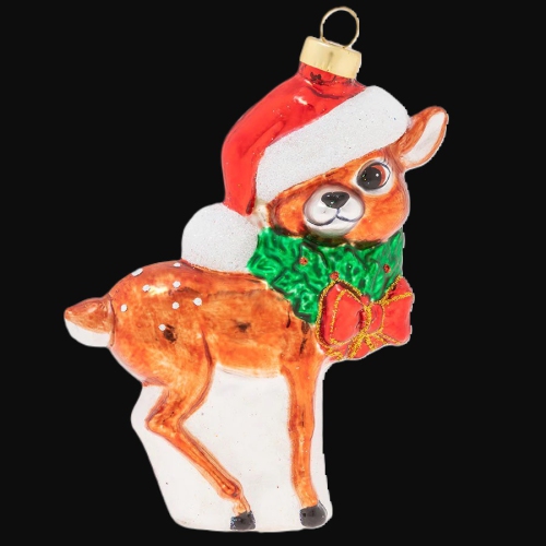 5" Jolly Reindeer Calf in Santa Hat Glass Christmas Ornament