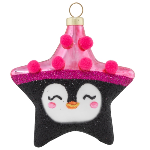 KAT ANNIE  3.75" Pink And Penguin Star Christmas Ornament In Black