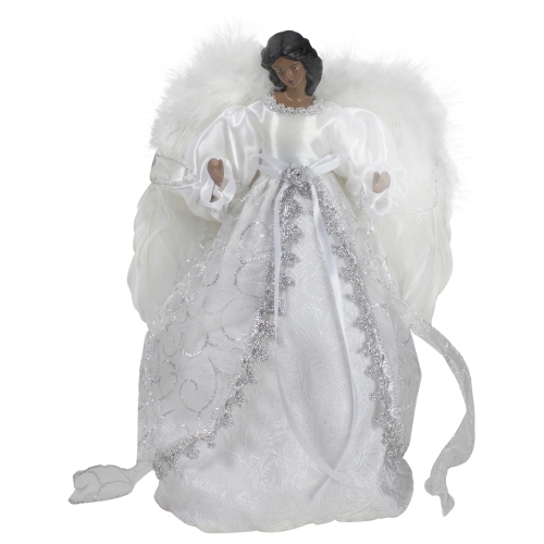 14" African American Silver and White Angel Christmas Tree Topper, Unlit