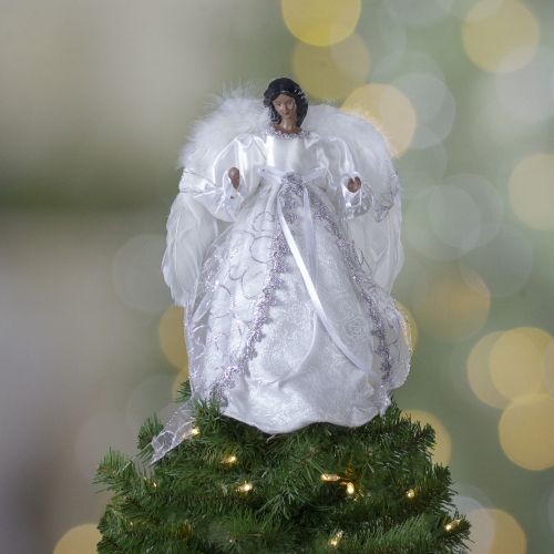 14" African American Silver and White Angel Christmas Tree Topper, Unlit