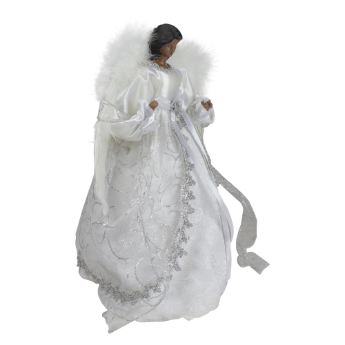 14" African American Silver and White Angel Christmas Tree Topper, Unlit