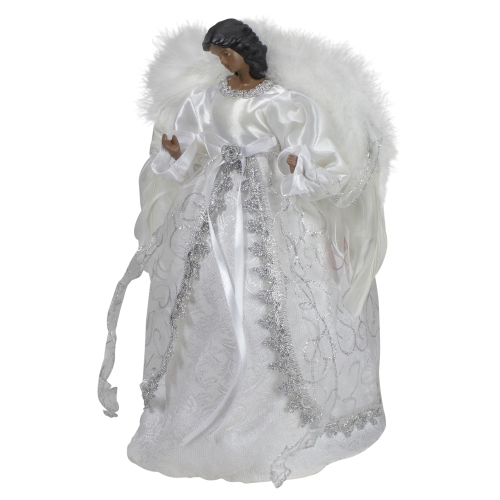 14" African American Silver and White Angel Christmas Tree Topper, Unlit