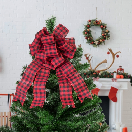 19" Buffalo Plaid Print 14 Loop Christmas Bow Tree Topper