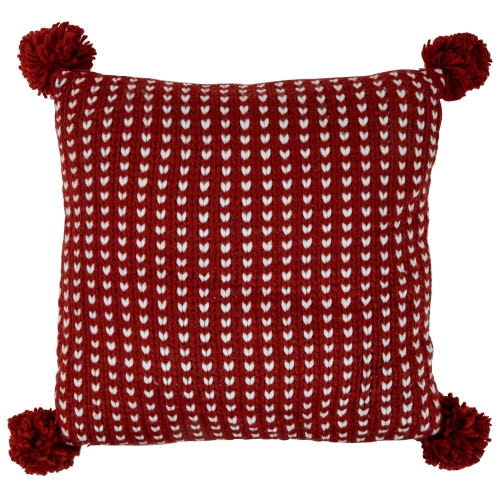 NORTHLIGHT  18" And White Knitted Square Throw Pillow With Pompoms In Red