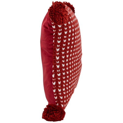 18" Red and White Knitted Square Throw Pillow with PomPoms