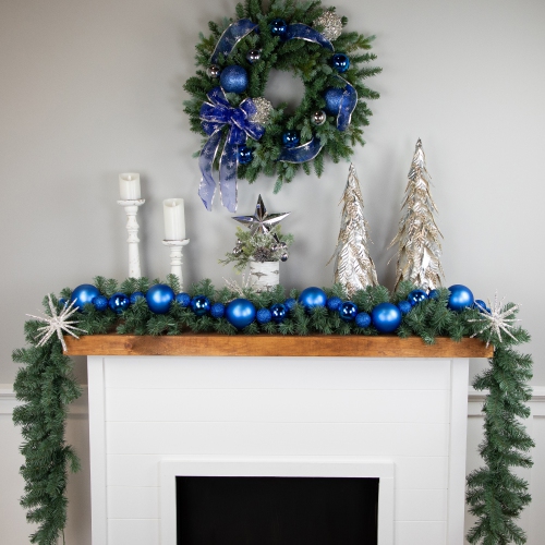 3-Finish Shatterproof Ball Christmas Garland - 6' x 4" - Blue - Unlit
