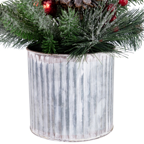 12" Frosted Pine, Berries and Pine Cones Floral Arrangement in Tin Pot