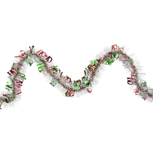 Christmas HO HO HO Wrapped Tinsel Commercial Garland - 50' x 2.5" - White Red and Green - Unlit