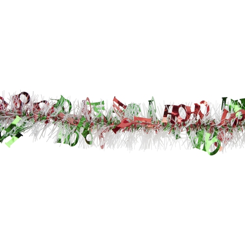 Christmas HO HO HO Wrapped Tinsel Commercial Garland - 50' x 2.5" - White Red and Green - Unlit