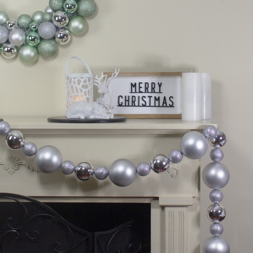 3-Finish Shatterproof Ball Christmas Garland - 6' x 4" - Silver - Unlit