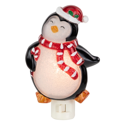 Pingouin noir et rouge 6 po dans le chapeau de père Noël veilleuse