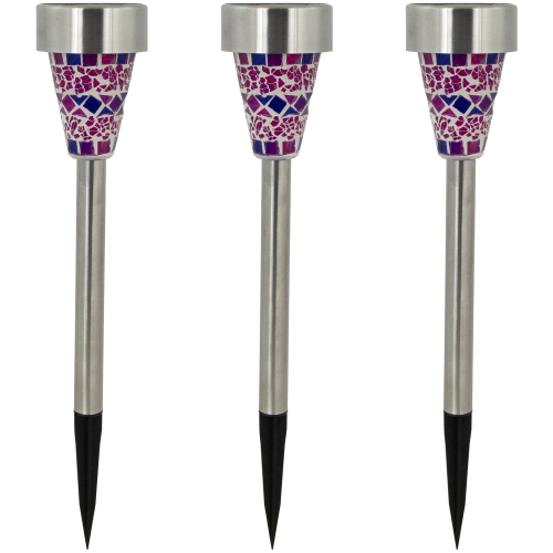 Set of 3 Purple Mosaic Stained Glass Solar Powered LED Pathway Markers, 15.5"