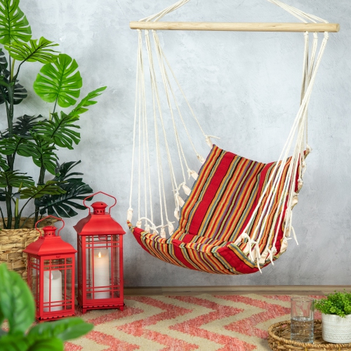 Striped Hammock Chair with Padding and Wooden Bar -34" x 21" - Red and Yellow