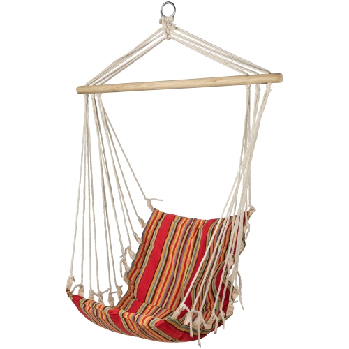 Striped Hammock Chair with Padding and Wooden Bar -34" x 21" - Red and Yellow