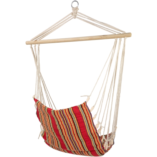 Striped Hammock Chair with Padding and Wooden Bar -34" x 21" - Red and Yellow