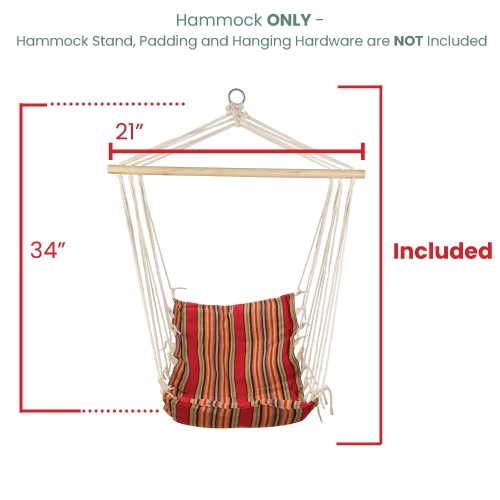 Striped Hammock Chair with Padding and Wooden Bar -34" x 21" - Red and Yellow
