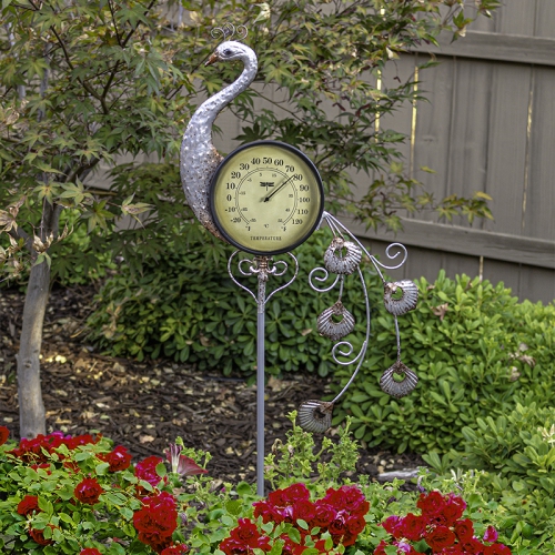 41.75" Iron Peacock Garden Stake Thermometer
