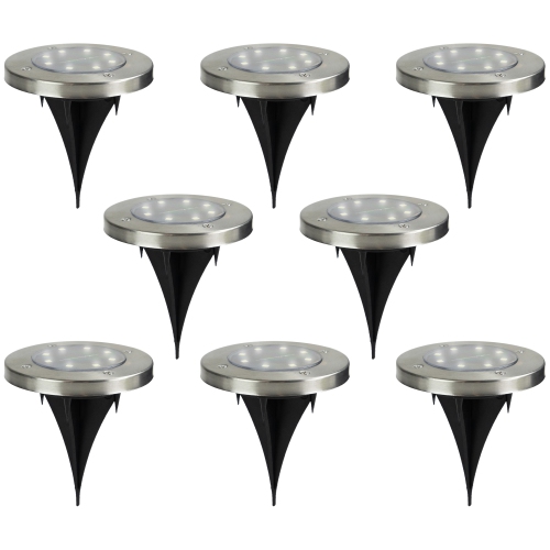 Set of 8 Stainless Steel Round Solar Powered LED Pathway Markers, 5"