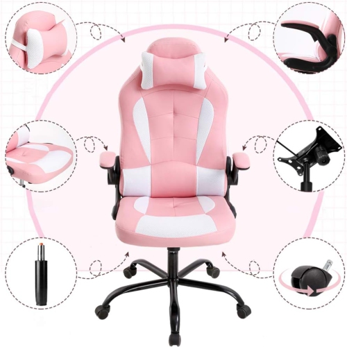 BestOffice Gaming Chair Office Chair Desk Chair with Lumbar Support Flip Up Arms Headrest Swivel Rolling Adjustable PU Leather Racing Computer Chair
