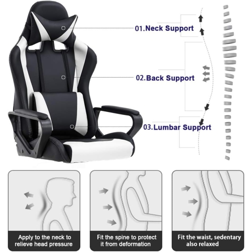 BestOffice Ergonomic Office Chair High-Back White Gaming Chair with Lumbar Support PC Computer Chair Racing Chair PU Task Desk Chair Executive Swivel