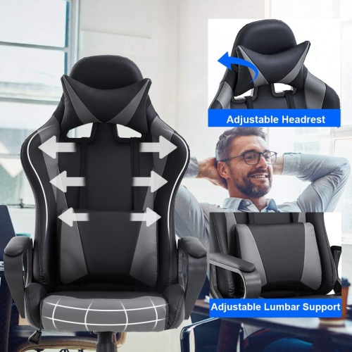 BestOffice Ergonomic Office Chair High-Back White Gaming Chair with Lumbar Support PC Computer Chair Racing Chair PU Task Desk Chair Executive Swivel