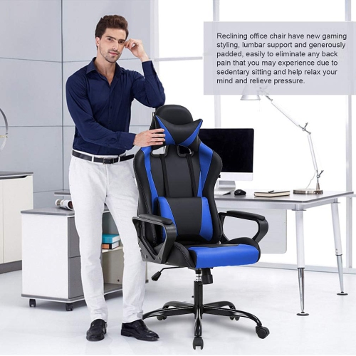 BestOffice Ergonomic Office Chair High-Back White Gaming Chair with Lumbar Support PC Computer Chair Racing Chair PU Task Desk Chair Executive Swivel