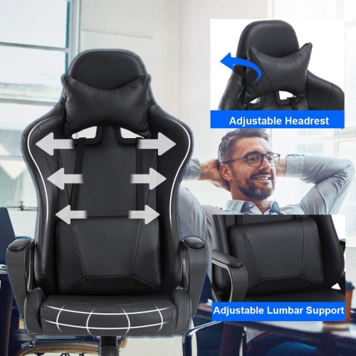 BestOffice Ergonomic Office Chair High-Back White Gaming Chair with Lumbar Support PC Computer Chair Racing Chair PU Task Desk Chair Executive Swivel