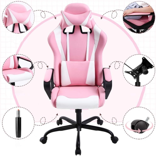 BestOffice Ergonomic Office Chair High-Back White Gaming Chair with Lumbar Support PC Computer Chair Racing Chair PU Task Desk Chair Executive Swivel