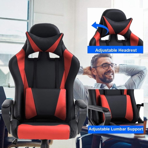 BestOffice Ergonomic Office Chair High-Back White Gaming Chair with Lumbar Support PC Computer Chair Racing Chair PU Task Desk Chair Executive Swivel