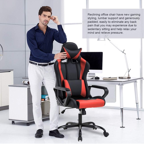 BestOffice Ergonomic Office Chair High-Back White Gaming Chair with Lumbar Support PC Computer Chair Racing Chair PU Task Desk Chair Executive Swivel