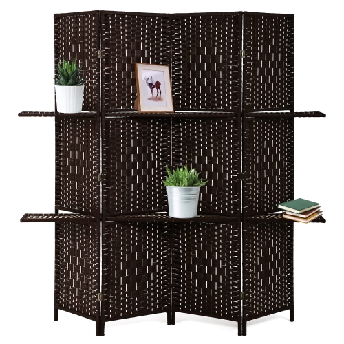 FDW  Room Divider 4 Panel Room Screen Divider Wooden Screen Folding Portable Partition Screen Wood With Removable Storage Shelves Color, Brown