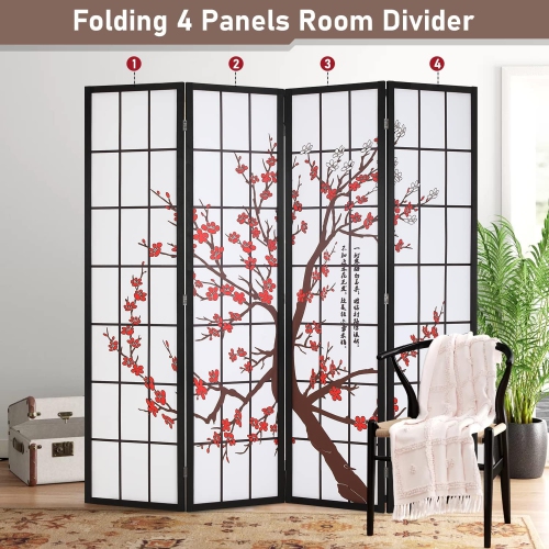 FDW Room Divider 6Ft Folding Privacy Divider 4 Panel Oriental Shoji Screen Wall Divider Wood Divider Portable Freestanding Partition Screen ,White