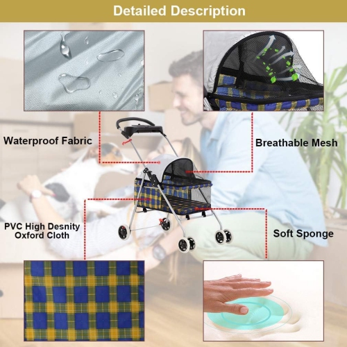 Pet Stroller 4 Wheels Posh Folding Waterproof Portable Travel Cat Dog Stroller with Cup Holder