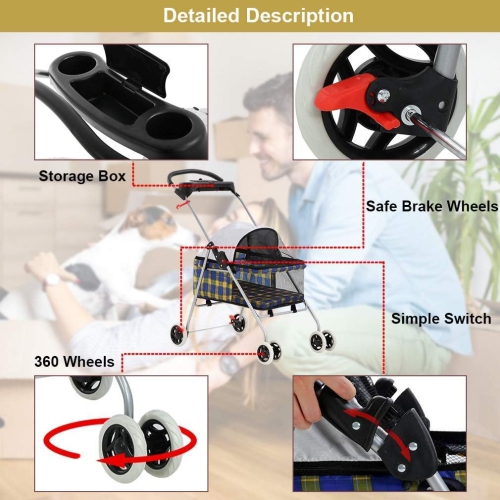 Pet Stroller 4 Wheels Posh Folding Waterproof Portable Travel Cat Dog Stroller with Cup Holder