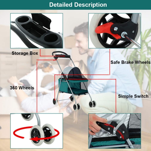 Pet Stroller 4 Wheels Posh Folding Waterproof Portable Travel Cat Dog Stroller with Cup Holder