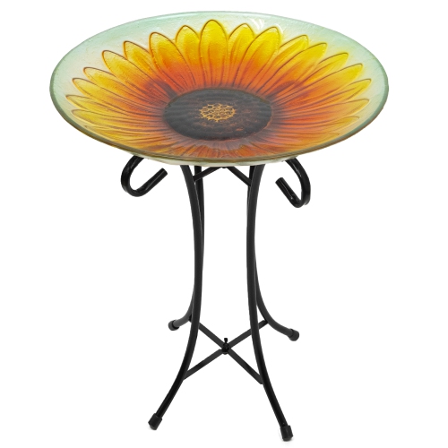 NORTHLIGHT  20.5" And Yellow Sunflower Glass Bird Bath With Stand In Orange