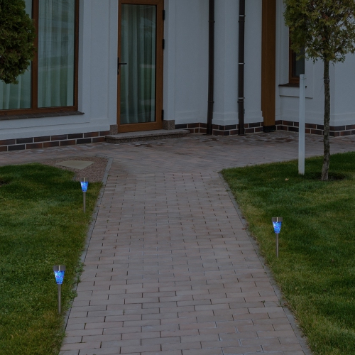 Set of 3 Blue Mosaic Stained Glass Solar Powered LED Pathway Markers, 15.5"
