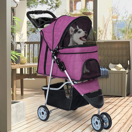 BestPet 3Wheels Pet Stroller Dog Cat Jogger Stroller for Medium Small Dogs Cats Folding Lightweight Travel Stroller with Cup Holder,Purple