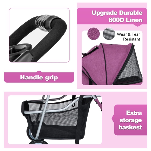 BestPet 3Wheels Pet Stroller Dog Cat Jogger Stroller for Medium Small Dogs Cats Folding Lightweight Travel Stroller with Cup Holder,Purple