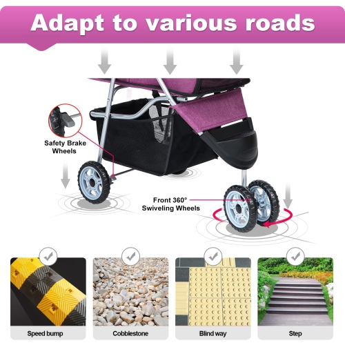 BestPet 3Wheels Pet Stroller Dog Cat Jogger Stroller for Medium Small Dogs Cats Folding Lightweight Travel Stroller with Cup Holder,Purple