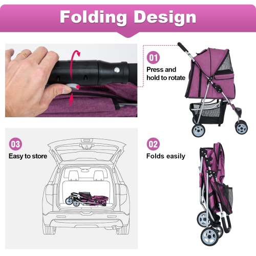 BestPet 3Wheels Pet Stroller Dog Cat Jogger Stroller for Medium Small Dogs Cats Folding Lightweight Travel Stroller with Cup Holder,Purple