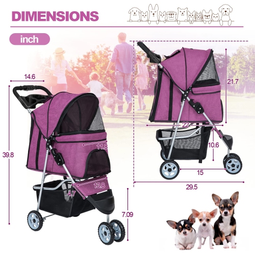 BestPet 3Wheels Pet Stroller Dog Cat Jogger Stroller for Medium Small Dogs Cats Folding Lightweight Travel Stroller with Cup Holder,Purple