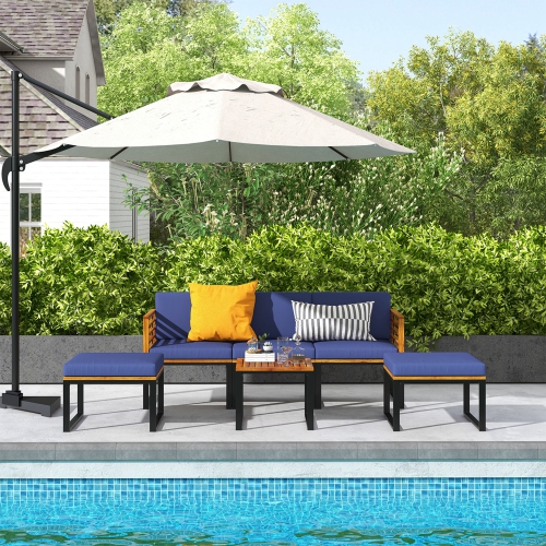 COSTWAY  6PCs Patio Acacia Wood Conversation Sofa Seat Set Ottomans Table Outdoor In Navy