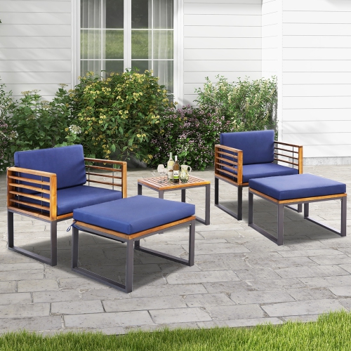 Costway 5pcs Patio Acacia Wood Cushioned Chair Ottoman Table Furniture Set Outdoor Navy
