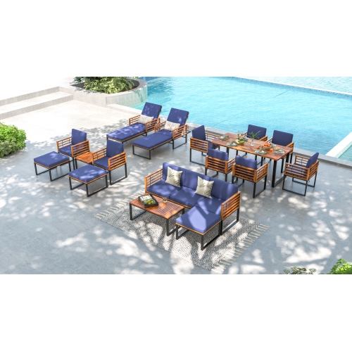 Costway 5pcs Patio Acacia Wood Cushioned Chair Ottoman Table Furniture Set Outdoor Navy