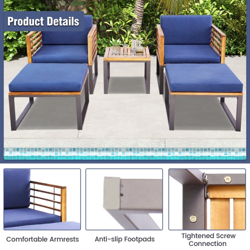 Costway 5pcs Patio Acacia Wood Cushioned Chair Ottoman Table Furniture Set Outdoor Navy