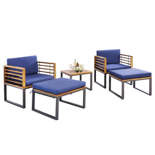 Costway 5pcs Patio Acacia Wood Cushioned Chair Ottoman Table Furniture Set Outdoor Navy