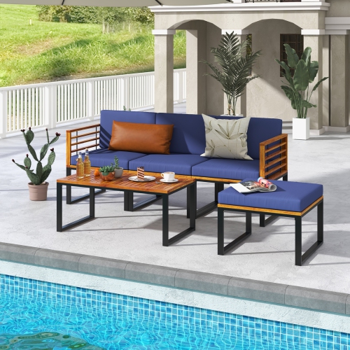 COSTWAY  5 Piece Patio Chair Set, Acacia Wood Chair Set With Ottoman & Coffee Table