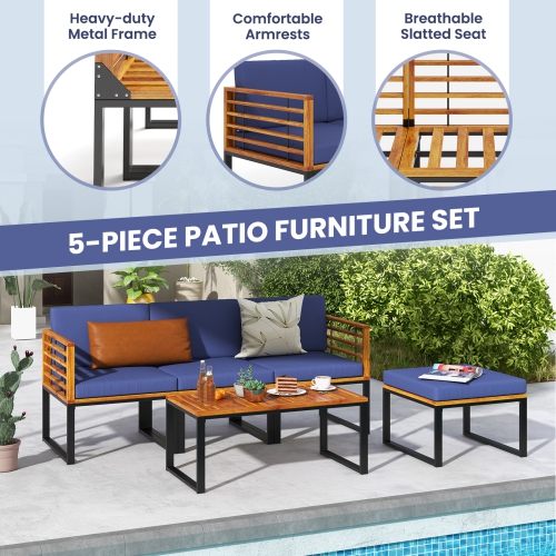 Costway 5 Piece Patio Chair Set, Acacia Wood Chair Set with Ottoman & Coffee Table