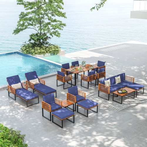 Costway 5 Piece Patio Chair Set, Acacia Wood Chair Set with Ottoman & Coffee Table